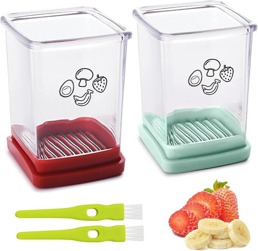 2 Pcs Cup Slicer, Stainless Steel Strawberry & Banana Slicer, Speed Fruit Cutter with Push Plate, Quickly Making Salad, Must Have Kitchen Gadget (Cyan+Red)