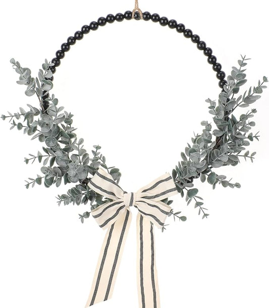 Wood Bead Eucalyptus Leaf Wreaths - 13 Inch Natural Greenery Wreaths Boho Wall Hanging Decoration for All Season Bedroom Room Rustic Farmhouse Home Indoor Outdoor Window Decor