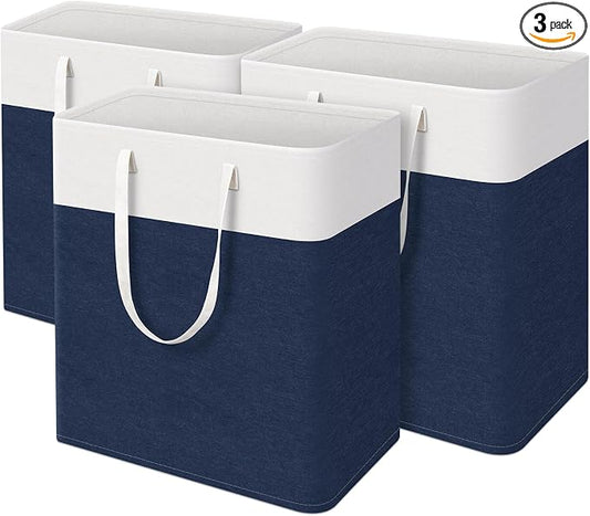 TasticTotes laundry basket 3-Pack, laundry hamper, Hamper with handles, collapsible laundry baskets, Waterproof dirty clothes hamper, Towel Storage for Home or Dorm, 125L-Blue