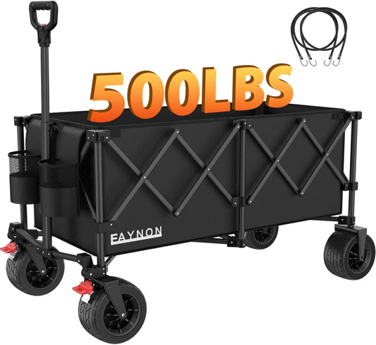 42" L Collapsible Foldable Wagon, 500LB Weight Capacity with 220L Heavy Duty Folding Cart,Utility Wagon with Big All-Terrain Beach Wheel, Drink Holders and 2 Bungee Cords,Black
