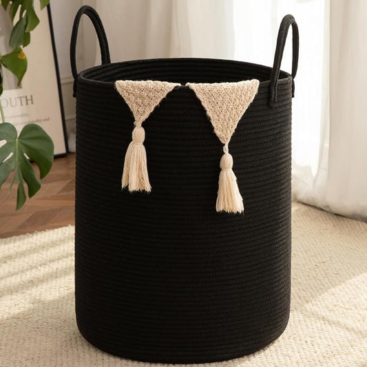 OIAHOMY Large Laundry Basket Hamper - 100L Cotton Rope Woven Basket for Blankets, Toys, Clothes - Tall Decorative Nursery Hamper with Long Handles, Black