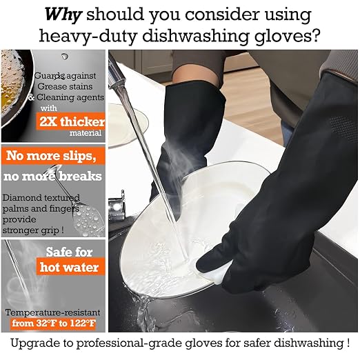 Heavy-Duty Thick Black Rubber Cleaning Gloves, 1 Pair, M | Reusable & waterproof black/orange dual layers. Non-slip design for dishwashing, kitchen cleaning, and auto care.