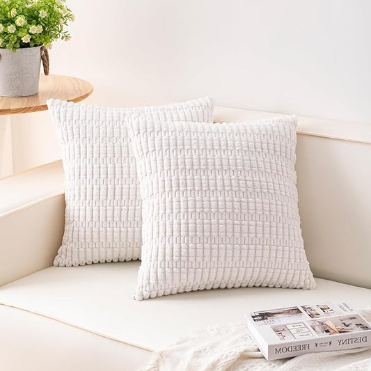 Aegero Pack of 2 Corduroy Decorative Throw Pillow Covers 24x24 InchSoft Striped Pillow Covers Modern Farmhouse Home Decor for Sofa Living Room Couch Bed（White）