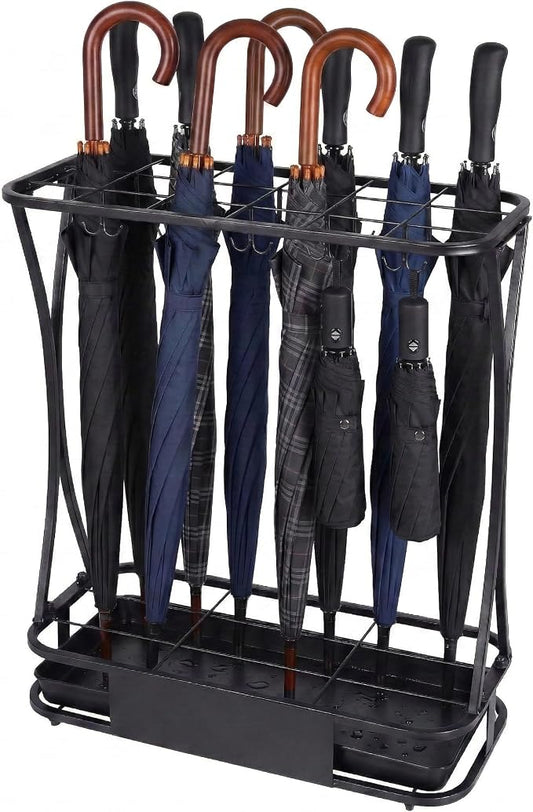 18 Slot Umbrella Stand with 10 Hooks – Heavy Duty Metal Indoor Umbrella Rack Holder with Removable Drip Tray – Large Commercial Entryway Organizer for Office, Lobby or Home