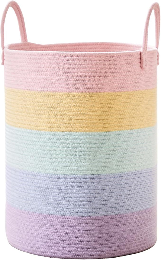 60L Laundry Hamper Basket for Baby Girls and Kids, Pastel Rainbow Unicorn Design, Woven Rope Nursery Basket for Blankets Toys in Playroom, 15Dx20H Inches Large Bedroom Hamper for Clothes