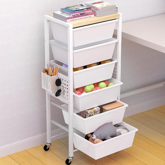 Rolling Cart with Drawers, Rolling Storage Cart with 6 Large Plastic Drawers & Wooden Tabletop, Utility Cart with Pegboards & Basket, Storage Drawers Cart for Living Room, Classroom, Bedroom, Office