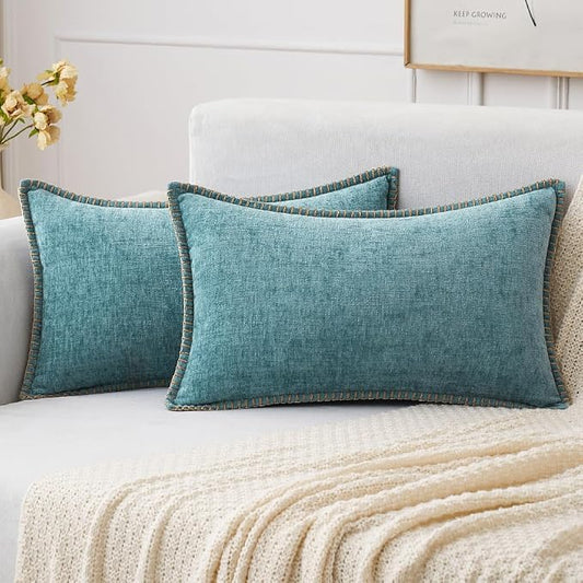 MIULEE Pack of 2 Lumbar Summer Throw Pillow Covers 12x20 Inch Aqua Blue Farmhouse Decorative Pillow Covers with Stitched Edge Soft Chenille Solid Dyed Pillow Covers for Couch Sofa Bed Living Room