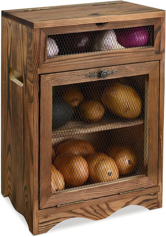Ikee Design Free Assemble Wooden Countertop Potato and Onion Storage Bin Box,Countertop Cabinet, Wooden Bread Boxes, Potato Storage, Coffee Station, 11.8W x 6.8D x 16H in, Rustic Color