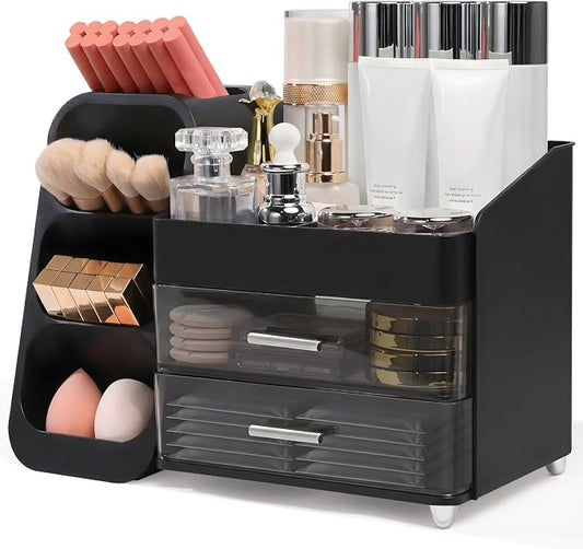 Brothersbox Makeup Organizer with Brush Holder for Vanity, Large Countertop Skincare Storage with 2 Drawers, Holds Lipsticks, Nail Polishes, Perfumes, Brushes - Gift for Women, Black
