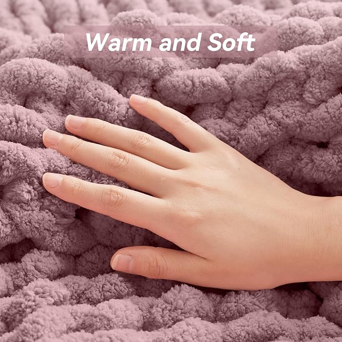 Negwoo Chunky Knit Throw Blanket, 80''*90'' Knitted Throw Chenille Yarn for Bed Couch, Handmade Muted Pink Crochet Big Thick Blanket, Machine Washable Cute Comfy Blanket for Home Decor