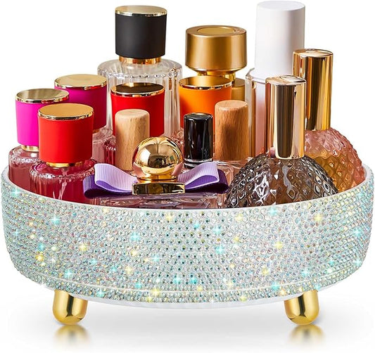 Honeydak 360 Rotating Perfume Organizer Gift for Women, Rhinestone Preppy Skincare Organizer Bathroom Counter Makeup Holder Skincare and Perfume Storage for Cosmetic(1 Tier,Resin Diamond,AB Color)
