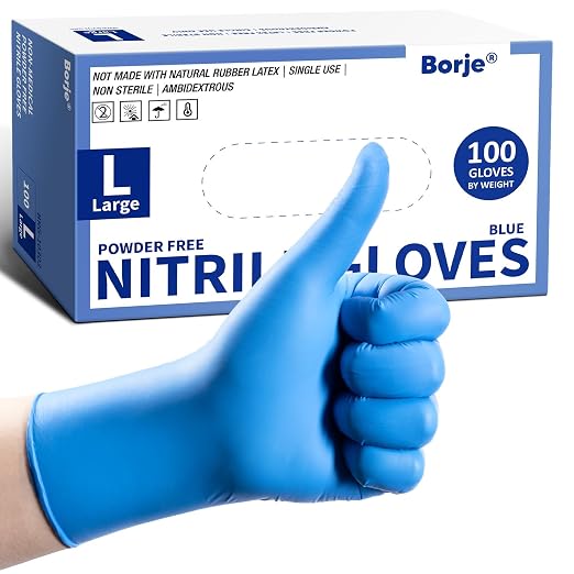 Borje Nitrile Exam Gloves Large, 100 Count Disposable Gloves, Blue, Latex-Free Powder-Free, Food Safe, Cooking, Cleaning