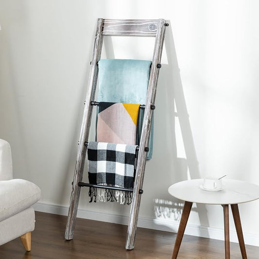 MyGift Blanket Ladder Wooden, Blanket Quilt Holder Rack Decorative Ladder with Metal Pipe Rungs, Easy Assembly, Rustic Farmhouse Ladder Shelf for The Living Room Bedroom Bathroom