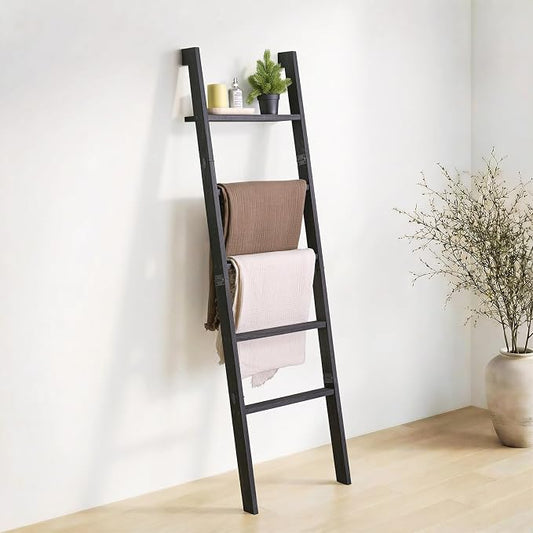 Blanket Ladder with Top Shelf, 5-Tier Wood 64” Decorative Ladder for Living Room Throws, Bedroom Quilt, Bathroom Towel & Toiletry Storage, Home Decor Stand (Black)