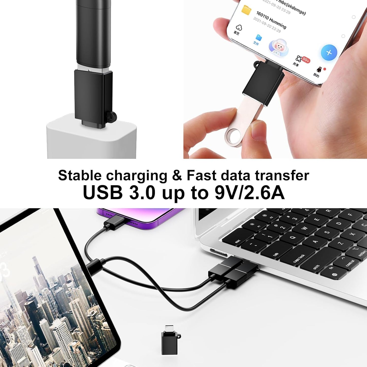USB C to USB Adapter 6 Pack,USBC to USBA Adapter,Type-C Male USB-A Female OTG Adaptor,USB C Converter for iPhone 16 15,MacBook Pro,iPad,Samsung S24 S23 S22,Black