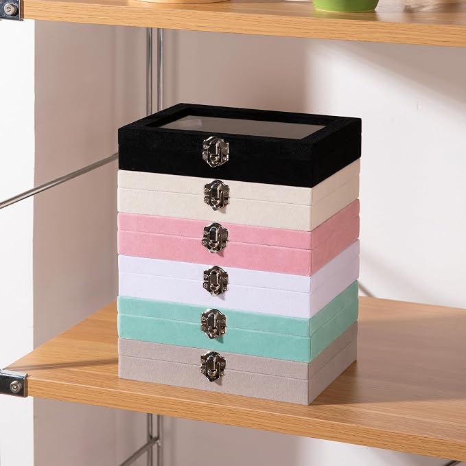 Frebeauty 24 Grid Jewelry Tray,Velvet Stud Earring Organizer,Small Jewelry Organizer with Clear Lid,Lockable Earring Holder Organizer Jewelry Boxes & Organizer Ring Holder for Women & Girls(Black)