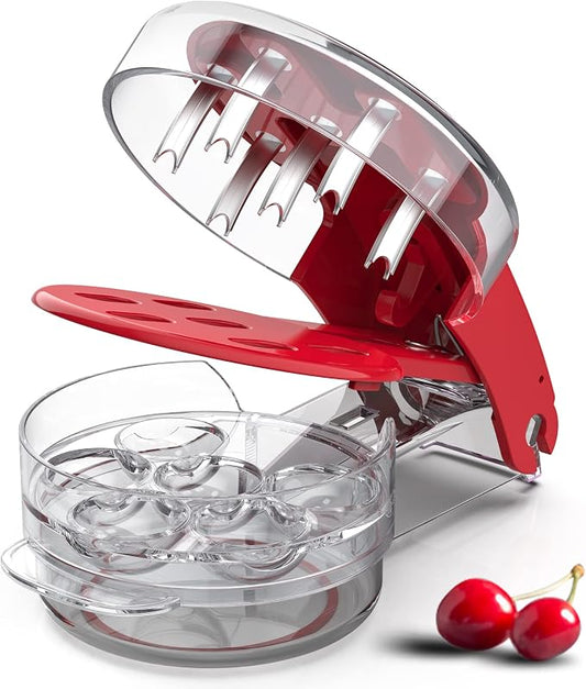 Cherry Pitter Cherry Pitter Tool Remove 6 pits/time-Red | 6 Stainless Steel Rods with Lock Design, Anti-juice Splash,Saving time and Enjoy to Use/Clean