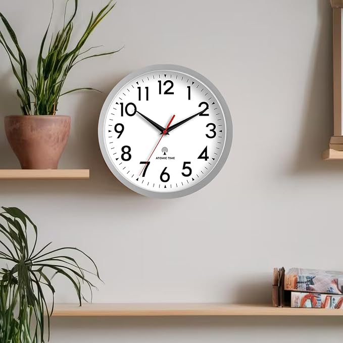 DAXSMY Atomic Wall Clock Analog 10 Inch Battery Operated Modern Decorative for Living Room Kitchen Office Bedroom Bathroom(Silver)