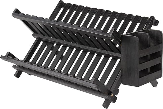 happimess DSH2000C Arlen Farmhouse Bamboo Foldable 2-Tier Dish Drying Rack with Detachable Utensil Holder, Black