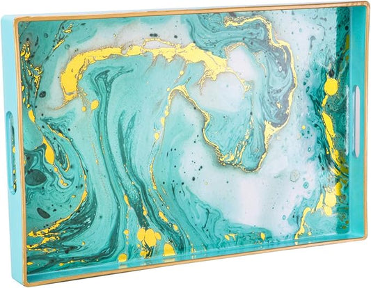 Decorative Tray, Marbling Plastic Tray with Handles, Rectangular Vanity Tray and Serving Tray for Bathroom, Kitchen, Ottoman and Coffee Table, 15.6" x 10.2" (Golden Blue)