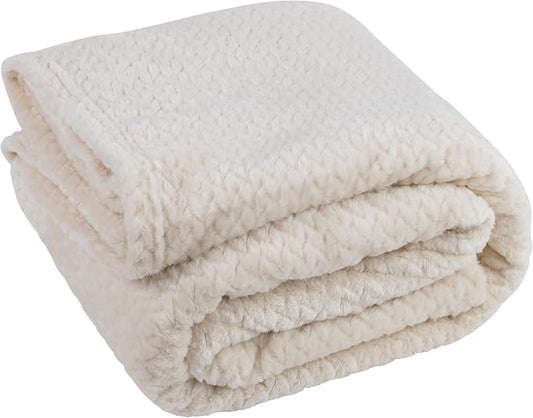 Waffle Knit Textured Throw Blanket Soft for Couch, Sofa, Twin Bed, Kids, Adults, 50” x 60” Chenille Knit Blanket, Boho Throw Blanket for Home Decor 250 GSM (Creamy White)