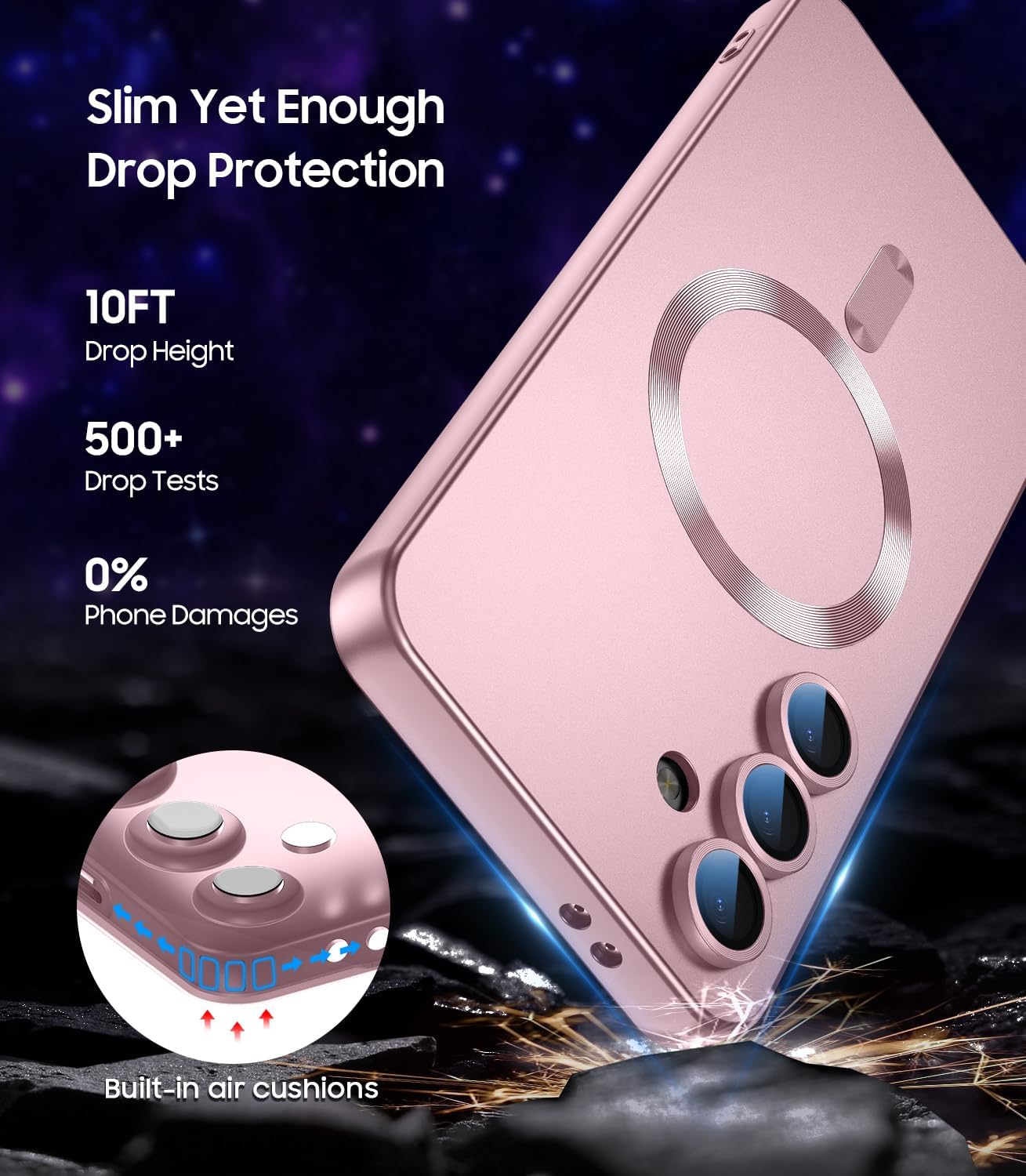 Magnetic for Samsung Galaxy S24 FE Case [Compatible with MagSafe][Built-in Camera Lens Protector] Slim Soft Silicone Bumper Shockproof Metallic Luster Phone Cover (Rose Gold)