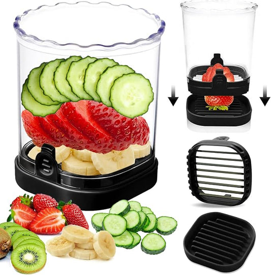 Strawberry Slicer：Fruit Slicer Cup Veggie Salad Speed Cutter for Strawberries Egg Banana Mushroom Cucumber Kiwi the Kitchen Portable Slicing Tool (Black)