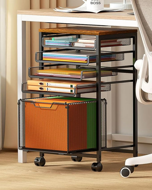Feyejade Compact 5-Tier Rolling File Cart, Under Desk Metal Filing Cabinet | Printer stand top, sliding mesh trays for binder, letter size file storage, organizer for teachers and home office