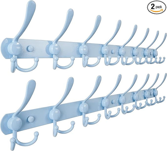 Dseap Coat Rack Wall Mount - 29.5” Long 8-Tri-Hooks Heavy Duty Coat Hanger Rail Wall Hooks for Hanging Coats Hats Clothing Clothes Purse Mudroom Entryway, Blue, Pack of 2