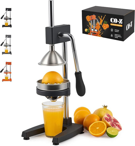 CO-Z Manual Citrus Juicer, Heavy-Duty Manual Juicer with Conical & Flat Pressure Plates, Professional Lemon Squeezer for Orange Pom Lime Lemon Juice, Dishwasher Safe Orange Juice Press, Black