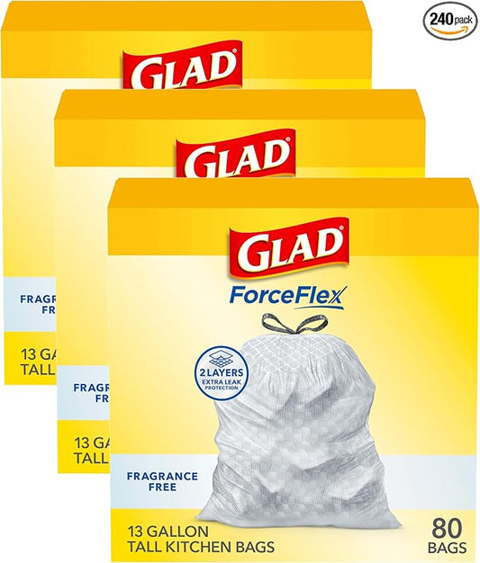 Glad ForceFlex Tall Kitchen Drawstring Trash Bags, 13 Gal, Fragrance Free (Package May Vary) (Pack of 240)
