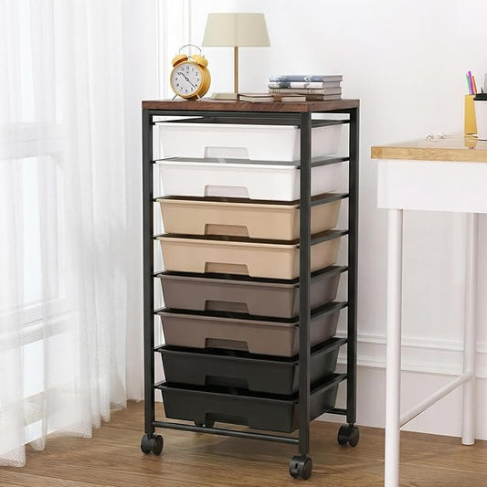 Rolling Cart with 8 Drawers, Storage Drawers Cart with Wooden Tabletop and Lockable Wheels, Craft Storage for Living Room, Office, Classroom, Craft Room, Bedroom (Brown)