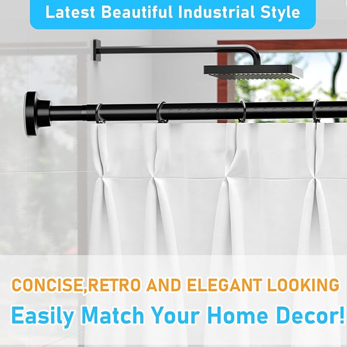 MEXAU Black Tension Curtain Rod 40-148 Inch Long Tension Rod 1.26" Spring Tension Curtain Rod Adjustable Curtain Rods No Drilling Tension Shower Rod Curtain Tension Rod for Bathroom Windows Doorways