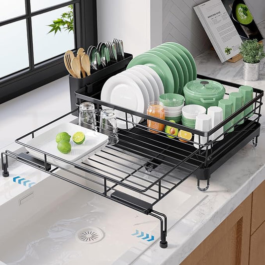 Kitsure Extendable Dish Drying Rack - Rust-Resistant Dish Racks for Kitchen Counter with Adjustable Support Legs, Cutlery Holder & Removable Draining Tray (Black, 15.6''-25.2''L × 16.9''W × 8.1''H)