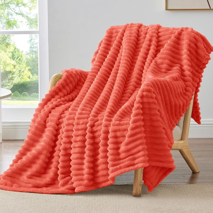 BEDELITE Fleece Throw Blanket for Couch - 300GSM Soft & Warm Fluffy Coral Red Blanket, Decorative and Giftable Striped Blankets for Women, Men, 50"x60"