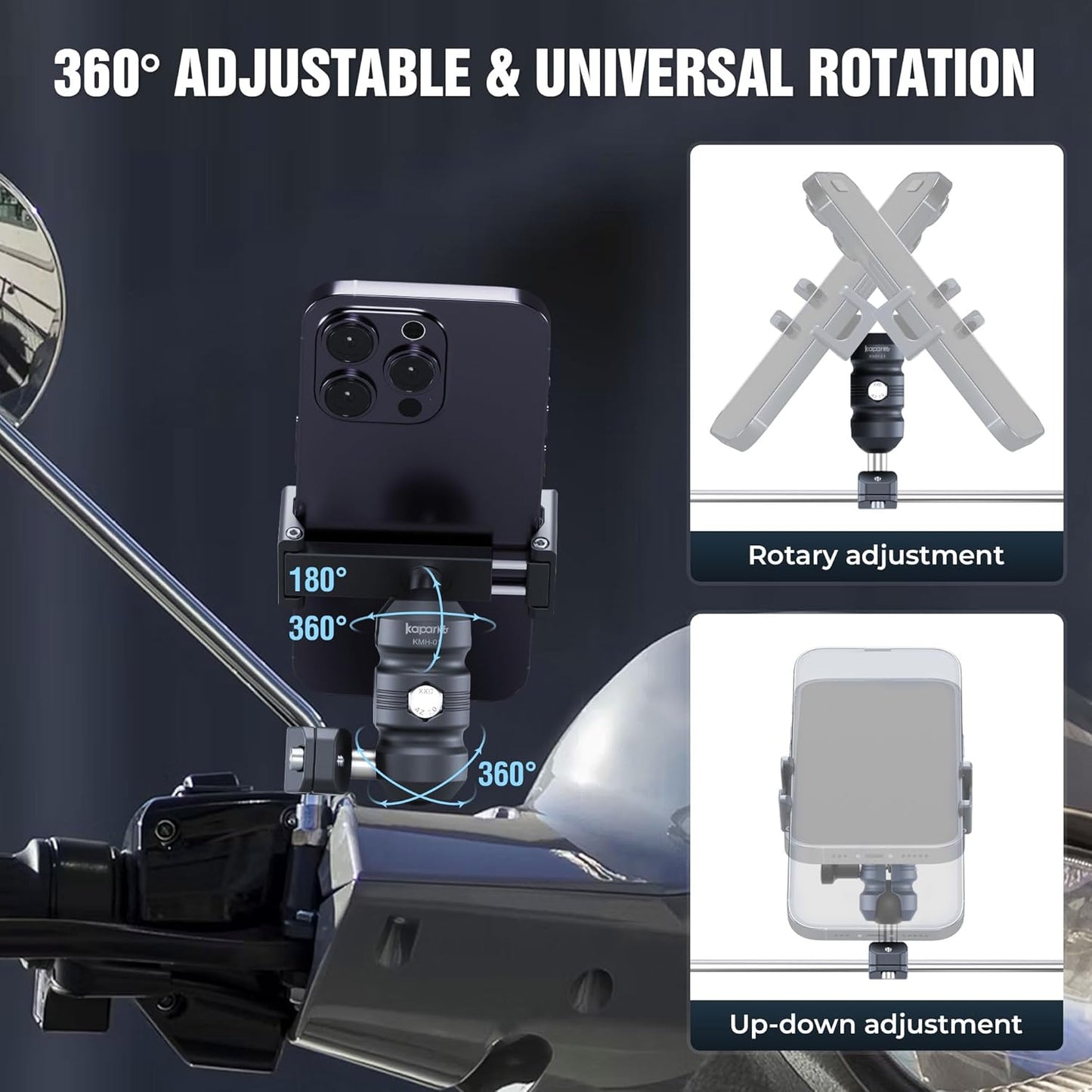 Anti-Theft Motorcycle Phone Mount, Aluminum Dual Socket Arm and U-Bolt Base for Bicycles/ATVs/Snowmobiles, Installed on 0.4-0.6" Mirror Bars (KPS-03)"