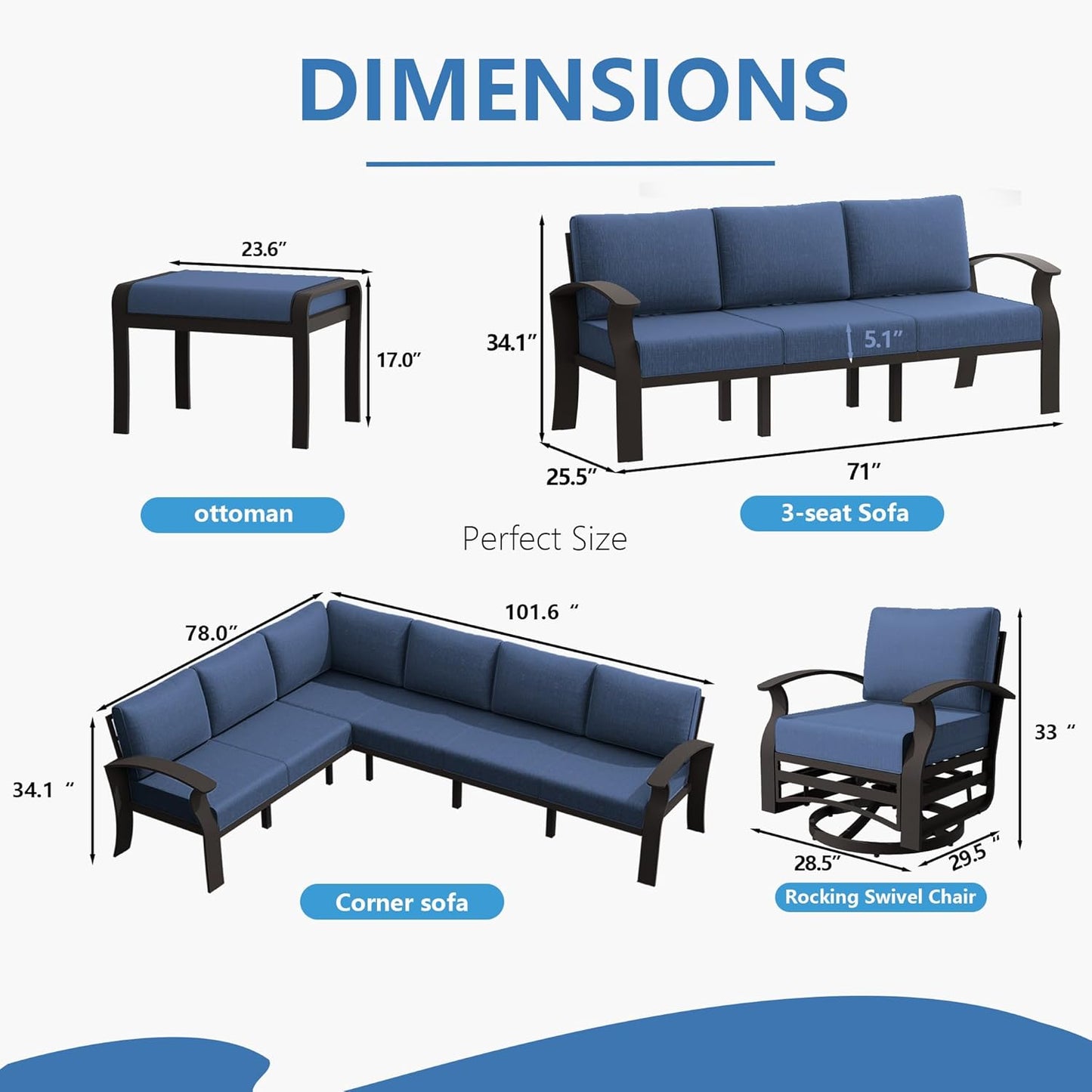 Aluminum Patio Furniture Set with Fire Pit Table, 10 Seats Outdoor Patio Conversation Set with Swivel Chair Modern Metal Patio Sectional Sofa with Coffee Table for Patio, Backyard(Navy Blue).