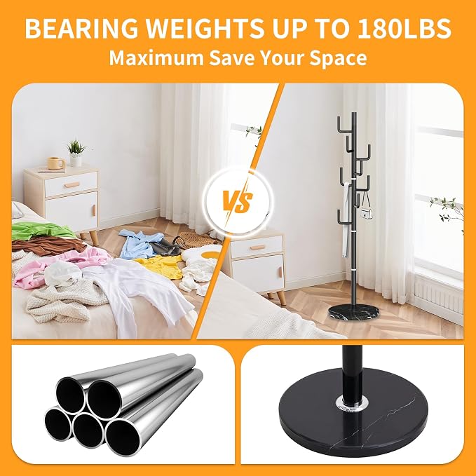 ZOZOE Metal Modern Coat Racks, Cactus Coat Rack Freestanding with Natural Marble Base, Black Coat Rack Stand with 8 Hooks, Coat Tree Hanger Stand for Bags, Hats, Entryway, Office