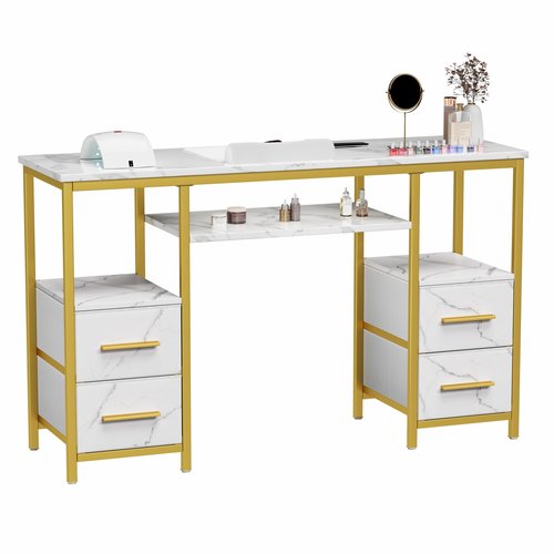 BSONE Nail Desk for Nail Tech – White & Gold Manicure Table with 4 Storage Drawers, Faux Marble Nail Station for Salon or Home