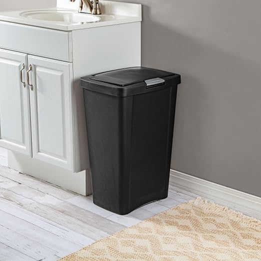 Sterilite 13 Gallon TouchTop Narrow Plastic Wastebasket with Secure Titanium Latch for Kitchen, Bathroom, and Office Use, Black (16 Pack)