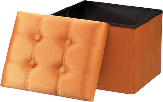 AmasSmile Storage Ottoman Foot Rest Stool, 17 inch Velvet Footstool Bench, Short Ottomans Stool, Small Folding Storage Ottoman Store Books, Records, Orange