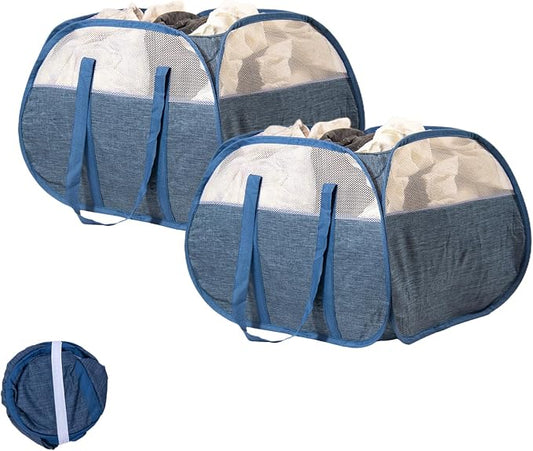 Collapsible Laundry Basket, 90L Foldable Pop-up Laundry Hamper with Reinforced Handles, Tear Proof Mesh Dirty Clothes Hamper for Laundry (Blue, 2PCS)