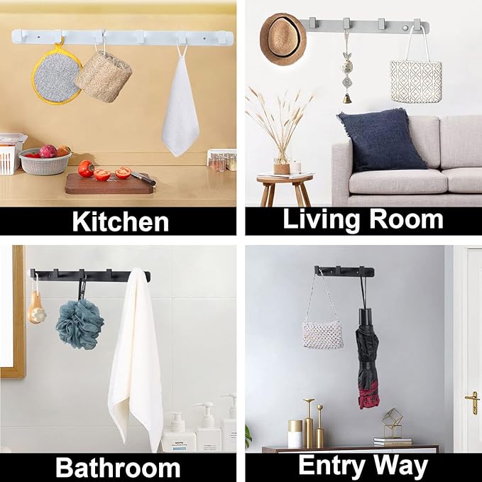 Coat Rack, Heavy Duty Stainless Steel 6 Tri Coat Hook Hanger, Wall Mounted Wall Hooks, Rustic Clothes Hook/Key Hook Rail for Bathroom Kitchen Entryway(2 Pack, 6 Hook Black)