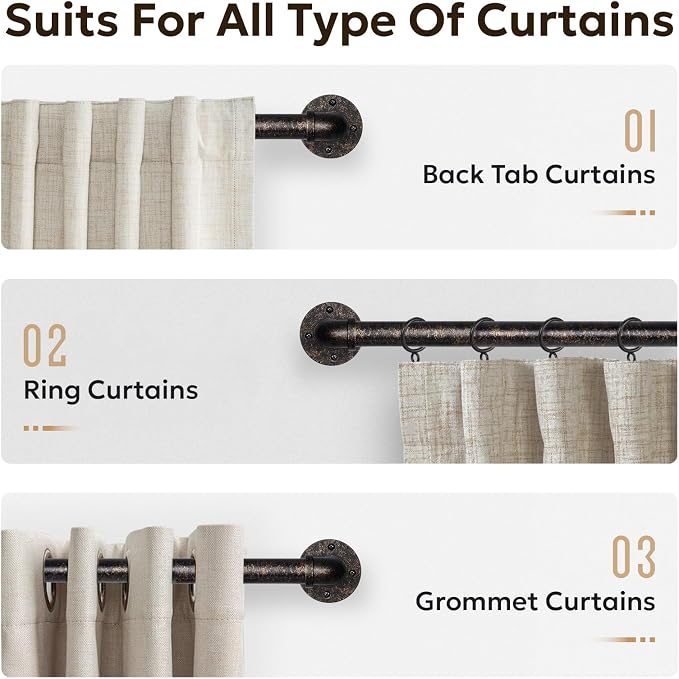 Zeerobee Curtain Rods for Windows 32 to 48, 1 Inch Industrial Wrap Around Vintage Bronze Curtain Rod, Indoor/Outdoor Room Divider Adjustable Drapery Pole, 32"-48"