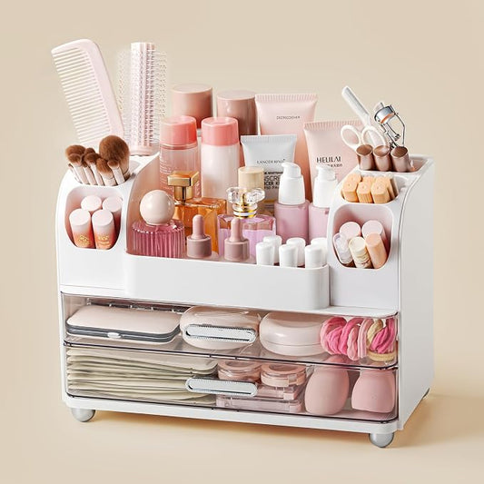 Makeup Organizer with Brush Holder, Makeup Organizer Countertop with 2 Drawers, Make up Organizers for Vanity, Vanity Organizer, Makeup Storage For Skin Cares,Makeup Brushes,Lipsticks,Perfumes(White)