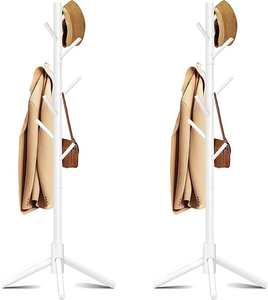 Coat Rack, Coat Racks Freestanding with 8 Hooks 3 Adjustable Heights for Clothes, Hats, Handbags, Coat Tree Easy Assembly for Entryway, Bedroom, Hallway, Office(White 2PCS)