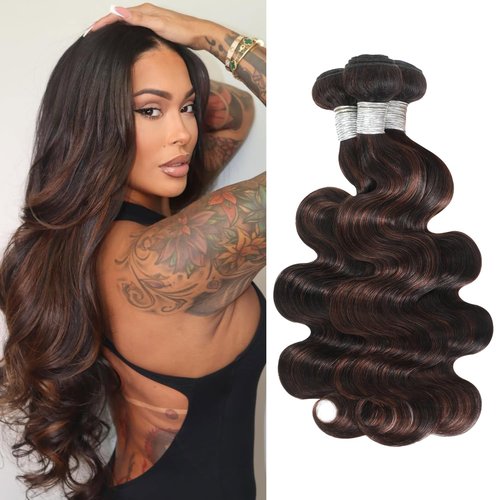 AUROO Brown Highlight Body Wave 3 Bundles Human Hair 10 12 14 Inch, 12A 2-Tone #F2/4 Dark Brown with Chestnut Streaks Ombre Human Hair Bundles 100% Virgin Real Hair Wavy Weave Thick Track Sew in Remy