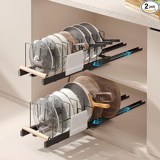 Magheo 2 Pack Pull Out Pots and Pans Organizer Under Cabinet, 22" Deep Expandable Pot Lid Organizer and Storage with 10 Adjustable Dividers Adhesive Pot and Pan Holder Rack with Handle Bracket(Black)