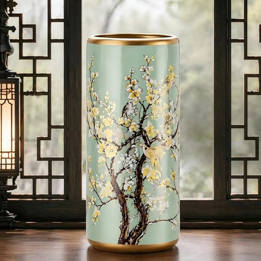 Ceramic Entryway Umbrella Stand,Handmade Appliques Chinese Umbrella Stand Barrels,Vintage Floor Standing Cane Holder Placed & Flower Vases for Hotel Office Home Entrance,E,17.3in