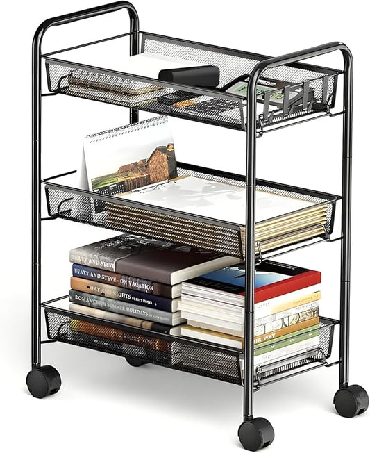 3 Tier Metal Rolling Cart with Wheels, Wire Bathroom Organizer Storage Shelves with Hooks, Utility Cart for Kitchen Laundry Room, Black